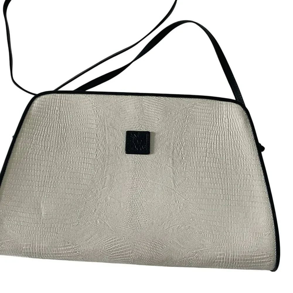 Vintage Anne Klein Calderon White Croc Embossed Crossbody Navy Trim Bag